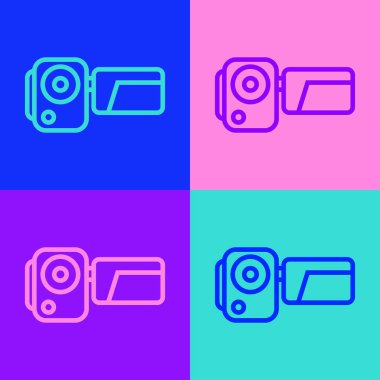 Pop Art Line Cinema kamera ikonu renk arkaplanında izole edildi. Video kamera. Film tabelası. Film projektörü. Vektör İllüstrasyonu.