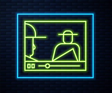 Parlayan neon hattı çevrimiçi video oynatma simgesi tuğla duvar arka planında izole edildi. Oyun işaretli film şeridi. Vektör İllüstrasyonu.