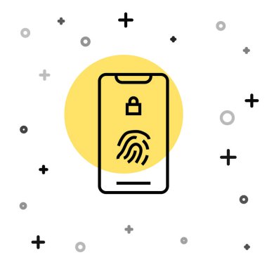 Beyaz zemin üzerinde parmak izi tarayıcı simgesi olan siyah çizgi akıllı telefon. Güvenlik kavramı, cep telefonundan kişisel erişim. Rastgele dinamik şekiller. Vektör İllüstrasyonu.