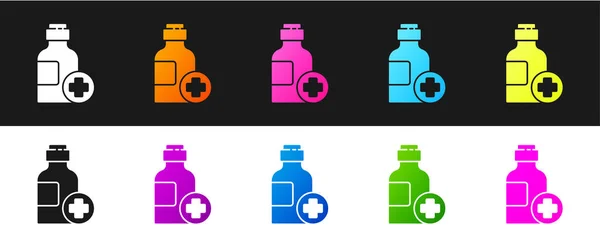 Set Fles Medicijnsiroop Pictogram Geïsoleerd Zwart Wit Achtergrond Vector Illustratie — Stockvector