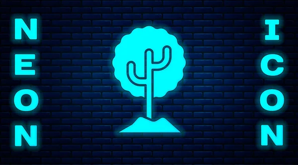 Glowing Neon Tree Icon Isolated Brick Wall Background Forest Symbol — Stock Vector
