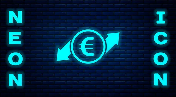 Glowing Neon Financial Growth Euro Coin Icon Isolated Brick Wall — Stock Vector