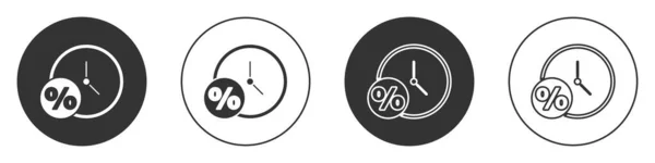 Schwarze Uhr Und Prozentsymbol Isoliert Auf Weißem Hintergrund Kreis Taste — Stockvektor