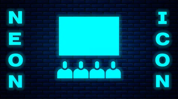 Leuchtende Neon Kinosaal Mit Bildschirm Symbol Isoliert Auf Backsteinwand Hintergrund — Stockvektor