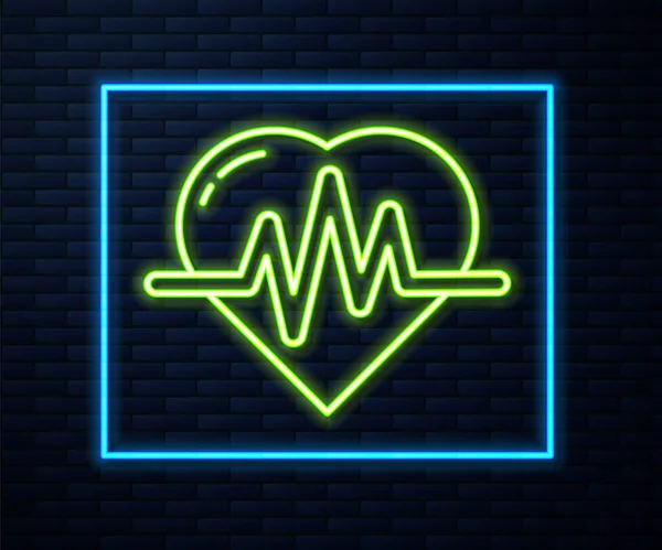 Leuchtende Leuchtschrift Herzfrequenz Symbol Isoliert Auf Backsteinwand Hintergrund Herzschlagzeichen Herzpuls — Stockvektor