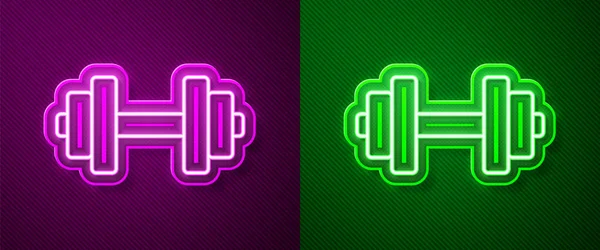 ネオンラインの輝き紫と緑の背景に隔離されたダンベルアイコン 筋肉のリフティングアイコン フィットネスバー スポーツ用品 運動のバンベル ベクターイラスト — ストックベクタ