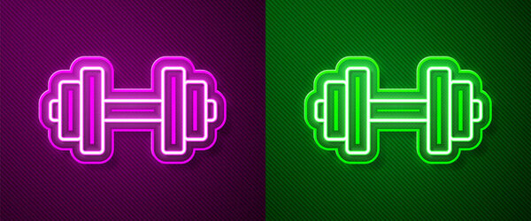 Glowing neon line Dumbbell icon isolated on purple and green background. Muscle lifting icon, fitness barbell, gym, sports equipment, exercise bumbbell.  Vector Illustration.