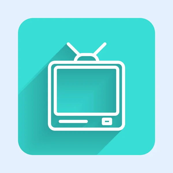 白线复古电视图标与长影隔离 电视信号 绿色正方形按钮 病媒图解 — 图库矢量图片