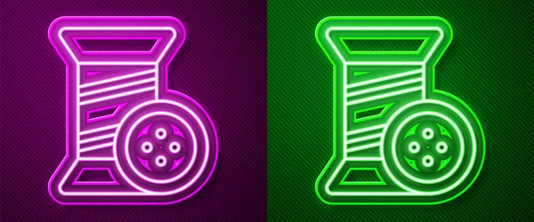Parlak Neon Çizgisinde Dikiş Ipliği Düğme Simgesi Mor Yeşil Arkaplanda — Stok Vektör