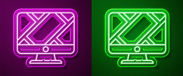 Glowing Neon Line Computer Monitor Folded Map Location Marker Icon — Stock Vector