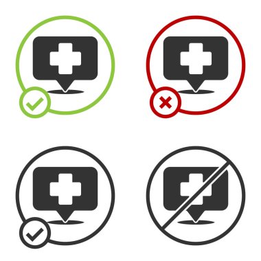 Siyah tıbbi harita işaretçisi, beyaz arka planda çapraz hastane ikonu var. Çember düğmesi. Vektör İllüstrasyonu.