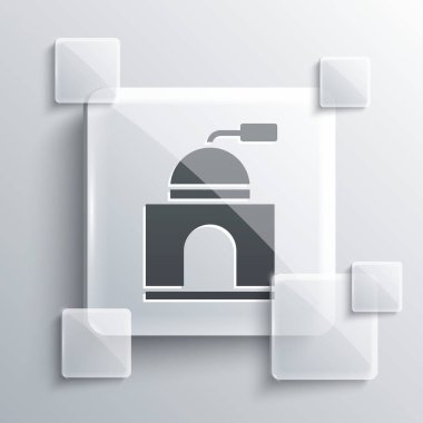 Gri arkaplanda gri el yapımı kahve öğütücü simgesi var. Kare cam paneller. Vektör İllüstrasyonu.