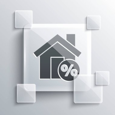Gri arka planda izole edilmiş indirimli etiket ikonu olan Gri Ev. Evin yüzdesi tabela fiyatı. Emlak evi. Kare cam paneller. Vektör İllüstrasyonu.