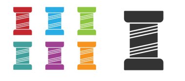 Beyaz arkaplanda siyah dikiş ipliği izole edilmiş. İplik makarası. İplik kutusu. Simgeleri renklendirin. Vektör İllüstrasyonu.