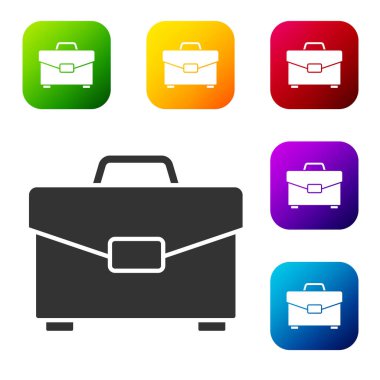 Beyaz arkaplanda siyah evrak çantası simgesi izole edildi. İş ilanı. İş portföyü. Renkli kare düğmelerle simgeleri ayarla. Vektör İllüstrasyonu.