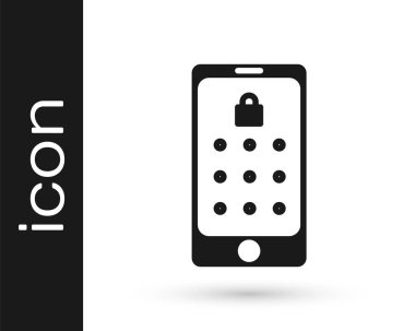 Gri cep telefonu ve grafik şifre koruma simgesi beyaz arkaplanda izole edildi. Güvenlik, kişisel erişim, kullanıcı yetkisi. Vektör İllüstrasyonu.