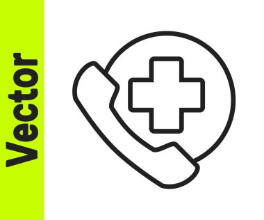 Siyah hat acil durum telefonu beyaz arka planda izole edilmiş bir hastane ikonu. Vektör İllüstrasyonu.