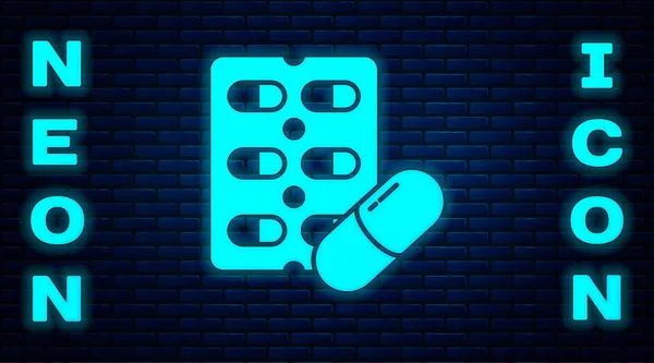 レンガの壁の背景に隔離されたブリスターパックアイコンにネオンピルズを輝く ビタミン 抗生物質 アスピリンのための医療用医薬品パッケージ ベクターイラスト — ストックベクタ