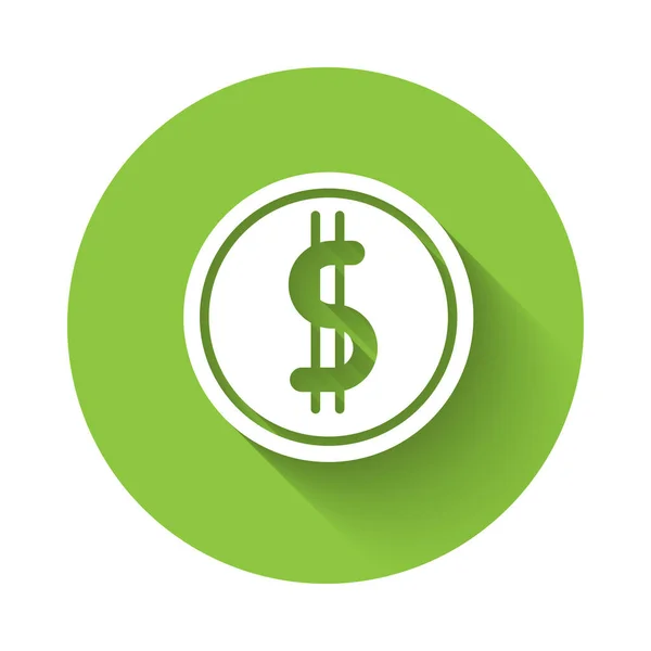 白色硬币钱与美元符号图标隔离与长阴影 银行货币标志 现金符号 绿色圆圈按钮 矢量插图 — 图库矢量图片