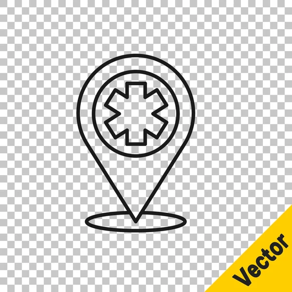 Black Line Medical Map Pointer Cross Hospital Icon Isolated Transparent — Stock Vector