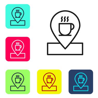 Beyaz arka planda izole edilmiş kahve fincanı simgesi olan siyah çizgi konumu. Renkli kare düğmelerle simgeleri ayarla. Vektör İllüstrasyonu.