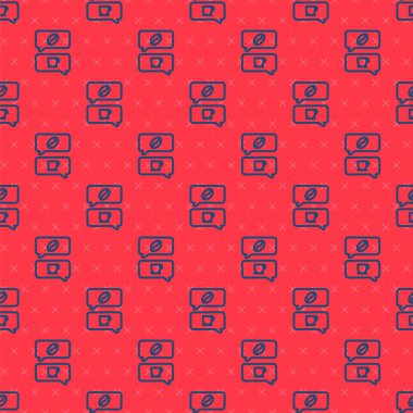 Mavi çizgi kahve ve sohbet ikonu kırmızı arka planda izole edilmiş kusursuz desen. Kahve sohbeti. Konuşma baloncukları sohbet ediyor. Vektör İllüstrasyonu.