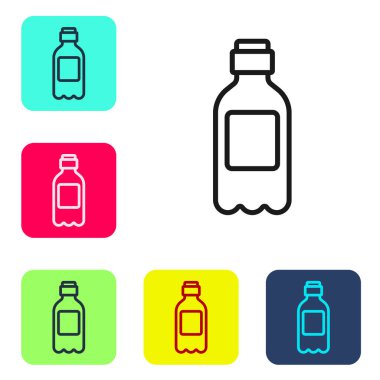 Beyaz arka planda izole edilmiş siyah çizgi su ikonu. Soda su içme tabelası. Renkli kare düğmelerle simgeleri ayarla. Vektör İllüstrasyonu.