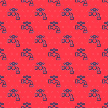 Mavi çizgi su musluğu simgesi kırmızı arkaplanda izole edilmiş. Vektör İllüstrasyonu.