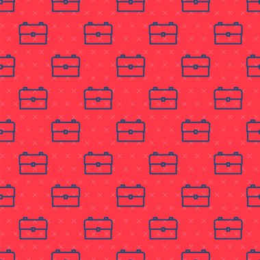 Mavi çizgi okul sırt çantası simgesi kırmızı arkaplanda izole edilmiş kusursuz desen. Vektör İllüstrasyonu.