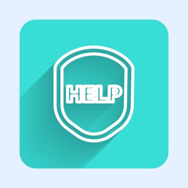 Metin içeren beyaz çizgi kalkanı uzun gölge ile izole edilmiş simgeye yardım et. Gardiyan. Güvenlik, güvenlik, koruma, gizlilik kavramı. Yeşil kare düğmesi. Vektör İllüstrasyonu.