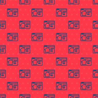 Tarayıcı simgesindeki Blue Line Online gayrimenkul evi kırmızı arka planda izole edilmiş. Ev kredisi konsepti, kira, satın alma, mülk alma. Vektör İllüstrasyonu.