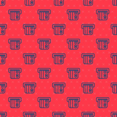 Mavi çizgi kredi kartı simgesi kırmızı arkaplanda kusursuz desen izole etti. Çevrimiçi ödeme. Nakit çekilmesi. Finansal operasyonlar. Alışveriş tabelası. Vektör İllüstrasyonu.