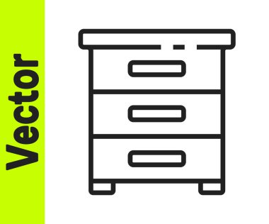 Beyaz arkaplanda belge simgesi olan siyah çizgi çekmecesi. Arşiv çekmecesi. Dosya dolabı çekmecesi. Ofis mobilyası. Vektör İllüstrasyonu.