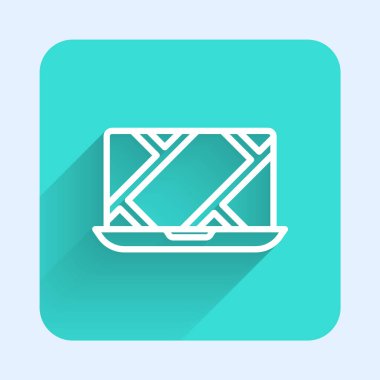 Şehir haritası yön bulma simgesinin uzun gölgesi ile izole edilmiş beyaz çizgi bilgileri. Laptop Uygulama Arayüzü tasarımı. Yer belirleme konsepti. Yeşil kare düğmesi. Vektör İllüstrasyonu.