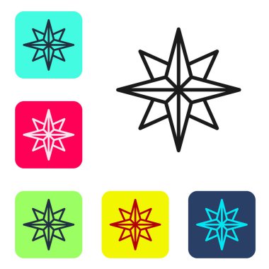 Beyaz zemin üzerinde siyah çizgi rüzgar gül ikonu izole. Seyahat için pusula simgesi. Navigasyon tasarımı. Renkli kare düğmelerle simgeleri ayarla. Vektör İllüstrasyonu.