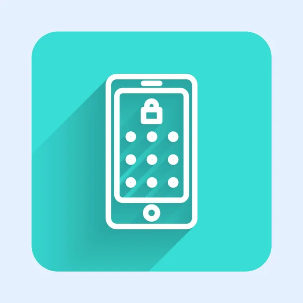 Weiße Linie Mobiltelefon Und Grafisches Passwortschutzsymbol Isoliert Mit Langem Schatten — Stockvektor