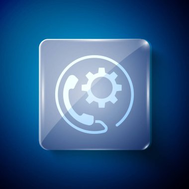 Beyaz Telefon, mavi arkaplanda 24 saat boyunca izole edilmiş destek ikonu. Tüm gün müşteri destek merkezi. Tam zamanlı çağrı servisi. Kare cam paneller. Vektör İllüstrasyonu.