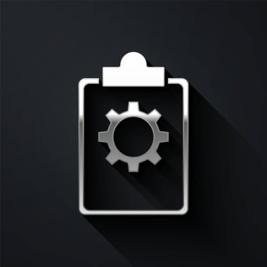 Siyah arkaplanda 24 saatlik servis simgesine sahip Gümüş Kontrol Listesi. Uzun gölge tarzı. Vektör İllüstrasyonu.