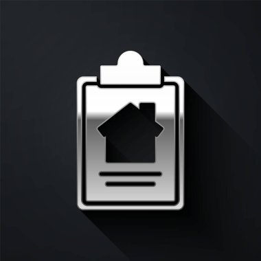Silver House 'un sözleşme ikonu siyah arka planda izole edilmiş. Sözleşme oluşturma hizmeti, belge oluşumu, başvuru formu bileşimi. Uzun gölge tarzı. Vektör İllüstrasyonu.