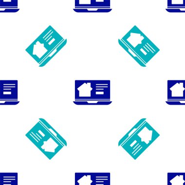 Dizüstü bilgisayar ikonundaki Blue Online emlak evi beyaz arka planda kusursuz desen izole etti. Ev kredisi konsepti, kira, satın alma, mülk alma. Vektör İllüstrasyonu.