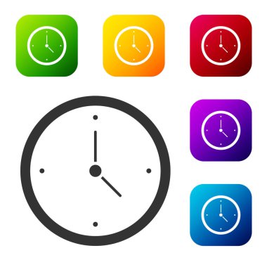 Siyah Saat simgesi beyaz arkaplanda izole edildi. Zaman sembolü. Renkli kare düğmelerle simgeleri ayarla. Vektör İllüstrasyonu.
