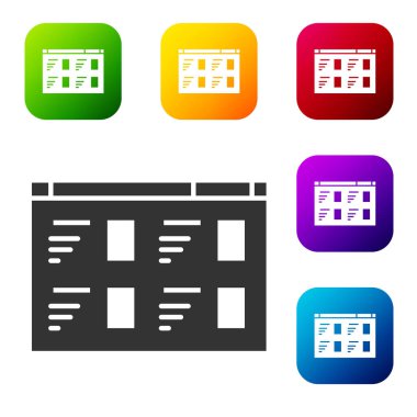 Siyah Online video oynatma simgesi beyaz arkaplanda izole edildi. Oyun işaretli film şeridi. Renkli kare düğmelerle simgeleri ayarla. Vektör İllüstrasyonu.