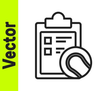 Siyah çizgi listesindeki pano ve tenis topu simgesi beyaz arkaplanda izole edildi. Spor malzemeleri. Vektör İllüstrasyonu.