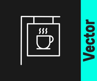 Siyah arka planda beyaz çizgi sokak tabelalı kahve ikonu var. Vektör İllüstrasyonu.