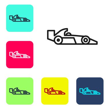 Siyah çizgi Formula 1 yarış arabası ikonu beyaz arka planda izole edildi. Renkli kare düğmelerle simgeleri ayarla. Vektör İllüstrasyonu.