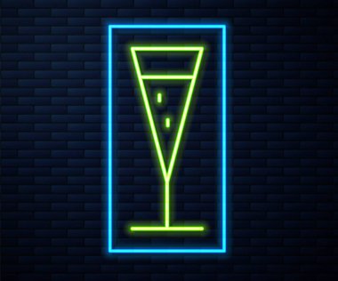 Parlayan neon hattı, tuğla duvar arkasında izole edilmiş şampanya ikonu. Vektör İllüstrasyonu.