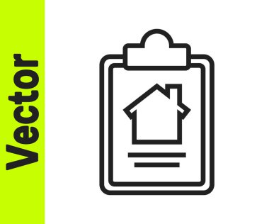 Beyaz arka planda siyah çizgi ev sözleşmesi ikonu var. Sözleşme oluşturma hizmeti, belge oluşumu, başvuru formu bileşimi. Vektör İllüstrasyonu.