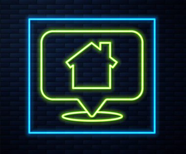 Duvarda izole edilmiş ev simgesi olan parlak neon çizgili harita işaretçisi. Ev konumu belirleyici sembol. Vektör İllüstrasyonu.