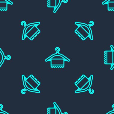 Yeşil çizgi elbise askısı ikonu mavi arka planda izole edilmiş pürüzsüz desen. Temiz havlu işareti. Vestiyer ikonu. Kıyafet servis sembolü. Çamaşır askısı. Vektör İllüstrasyonu.