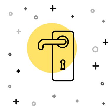 Siyah çizgi kapı kolu simgesi beyaz arkaplanda izole edildi. Kapı kilidi işareti. Rastgele dinamik şekiller. Vektör İllüstrasyonu.